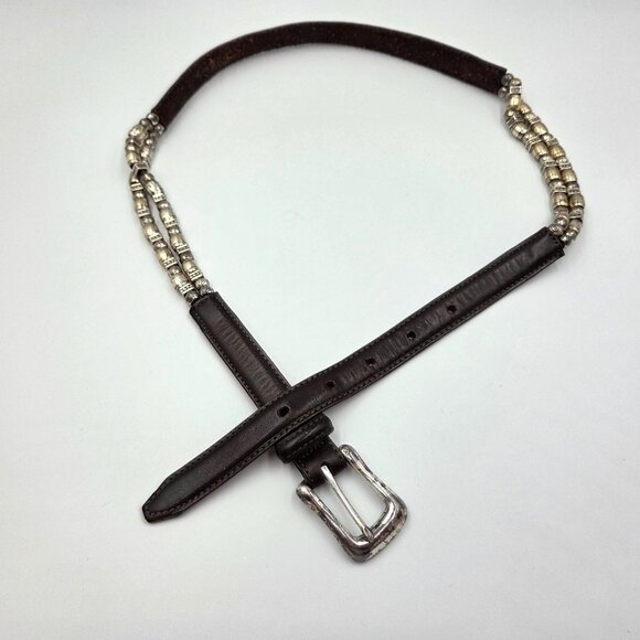 Vintage Brighton Belt Womens 30 Dark Brown Leather Silvertone Beads Western - Picture 1 of 8